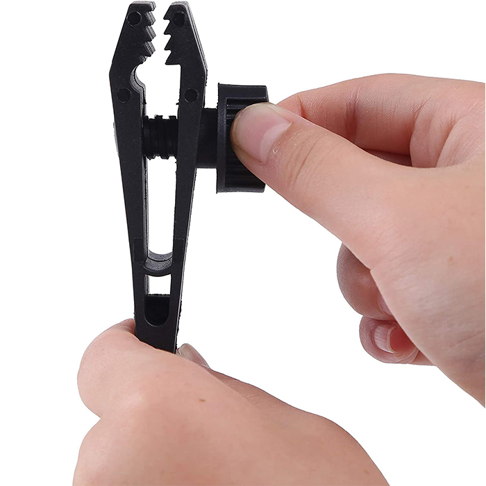 The buckle is adjustable and offers excellent grip without the risk of damaging the tent!